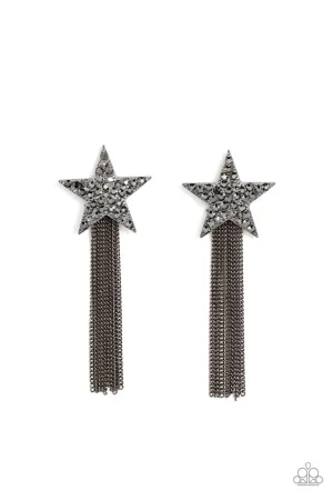 Superstar Solo - Black - White Rhinestone Encrusted Star Gunmetal Tassel Paparazzi Post Earrings
