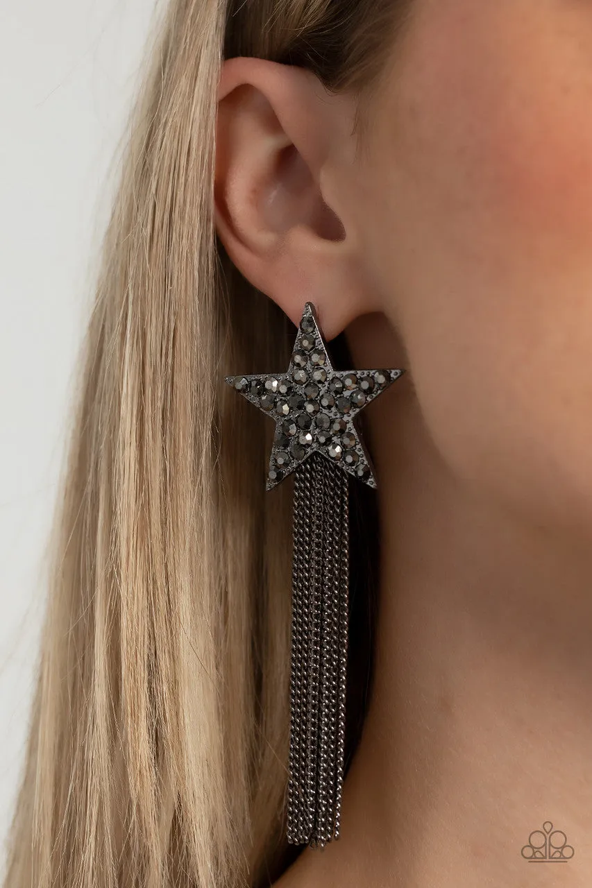 Superstar Solo - Black - White Rhinestone Encrusted Star Gunmetal Tassel Paparazzi Post Earrings