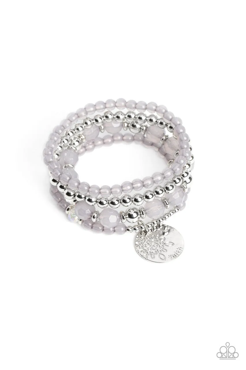 Surfer Style - Silver - Gray Faith Inspirational Flower Beaded Paparazzi Bracelet