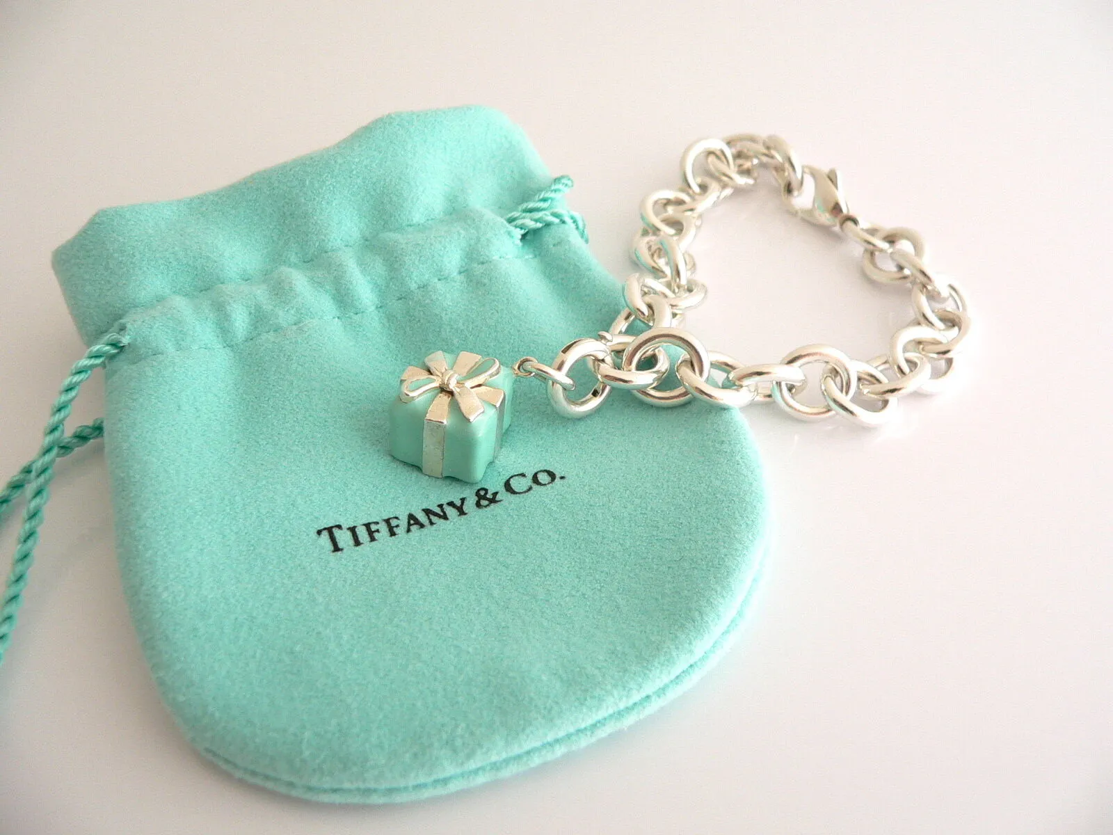 Tiffany & Co Silver Blue Enamel Gift Box Bracelet Bangle Charm Clasp Gift Pouch
