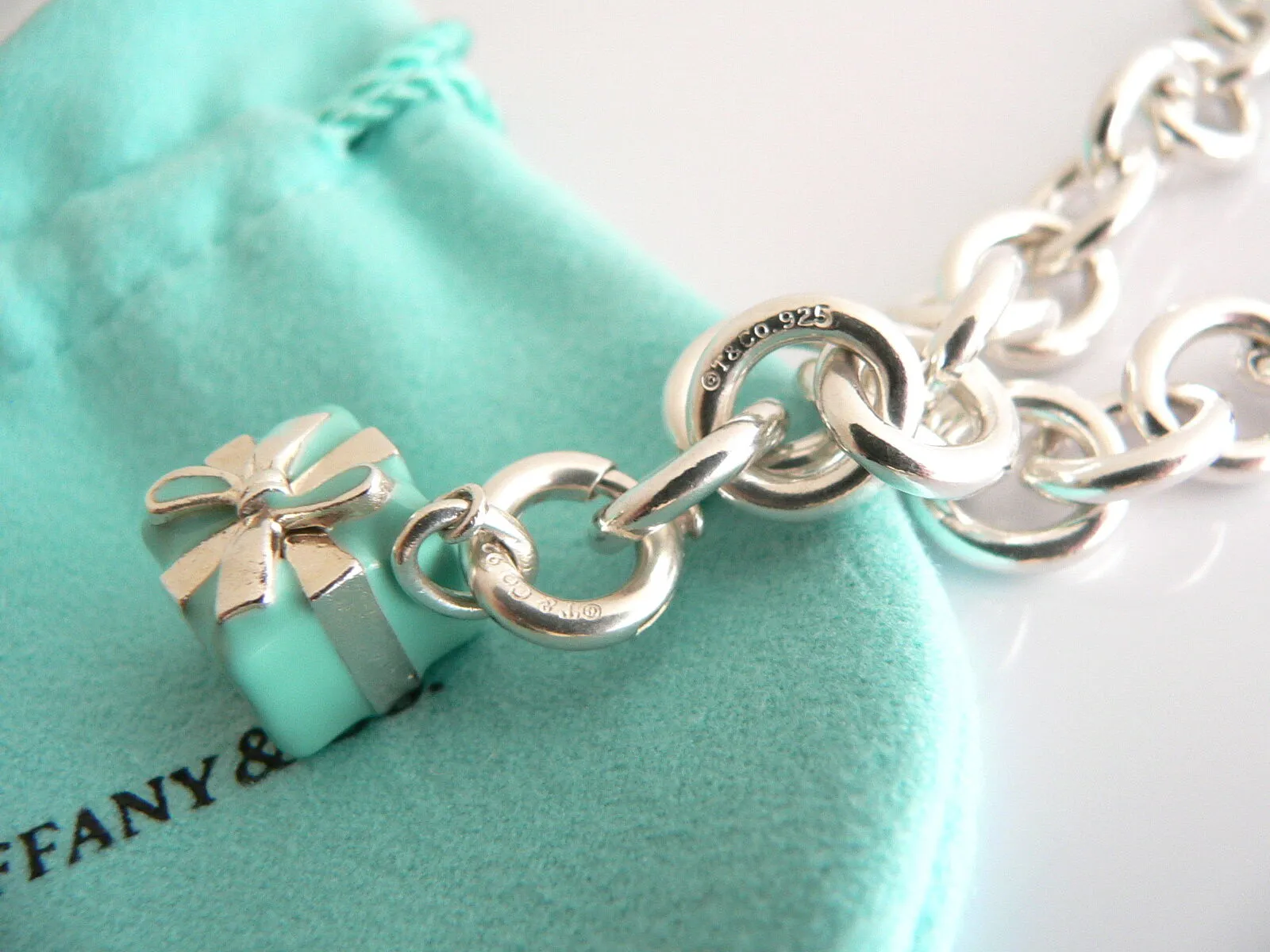 Tiffany & Co Silver Blue Enamel Gift Box Bracelet Bangle Charm Clasp Gift Pouch