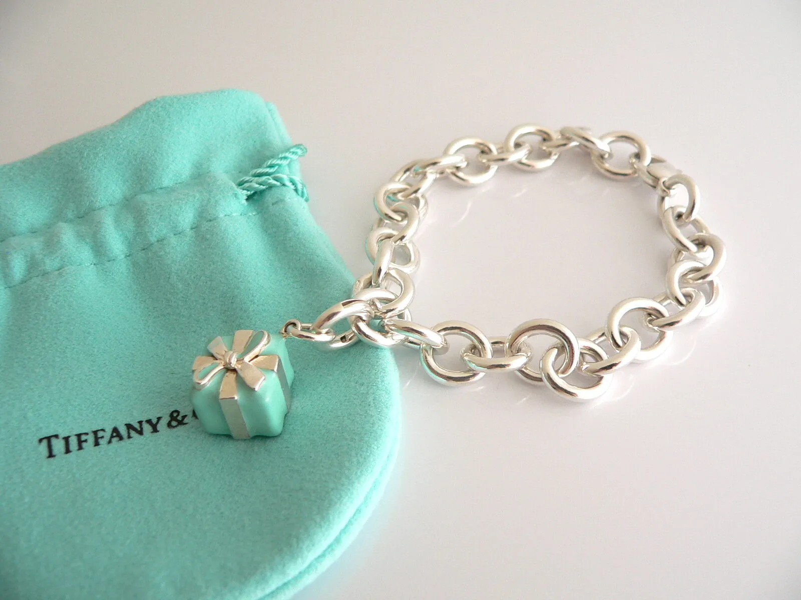 Tiffany & Co Silver Blue Enamel Gift Box Bracelet Bangle Charm Clasp Gift Pouch