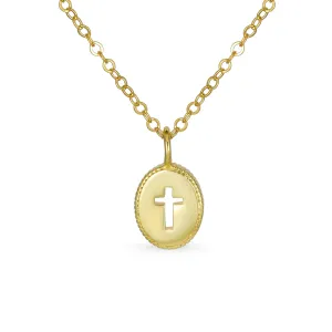 Tiny Petite Religious Cross Pendant Necklace 14K Gold Plated Silver Chain