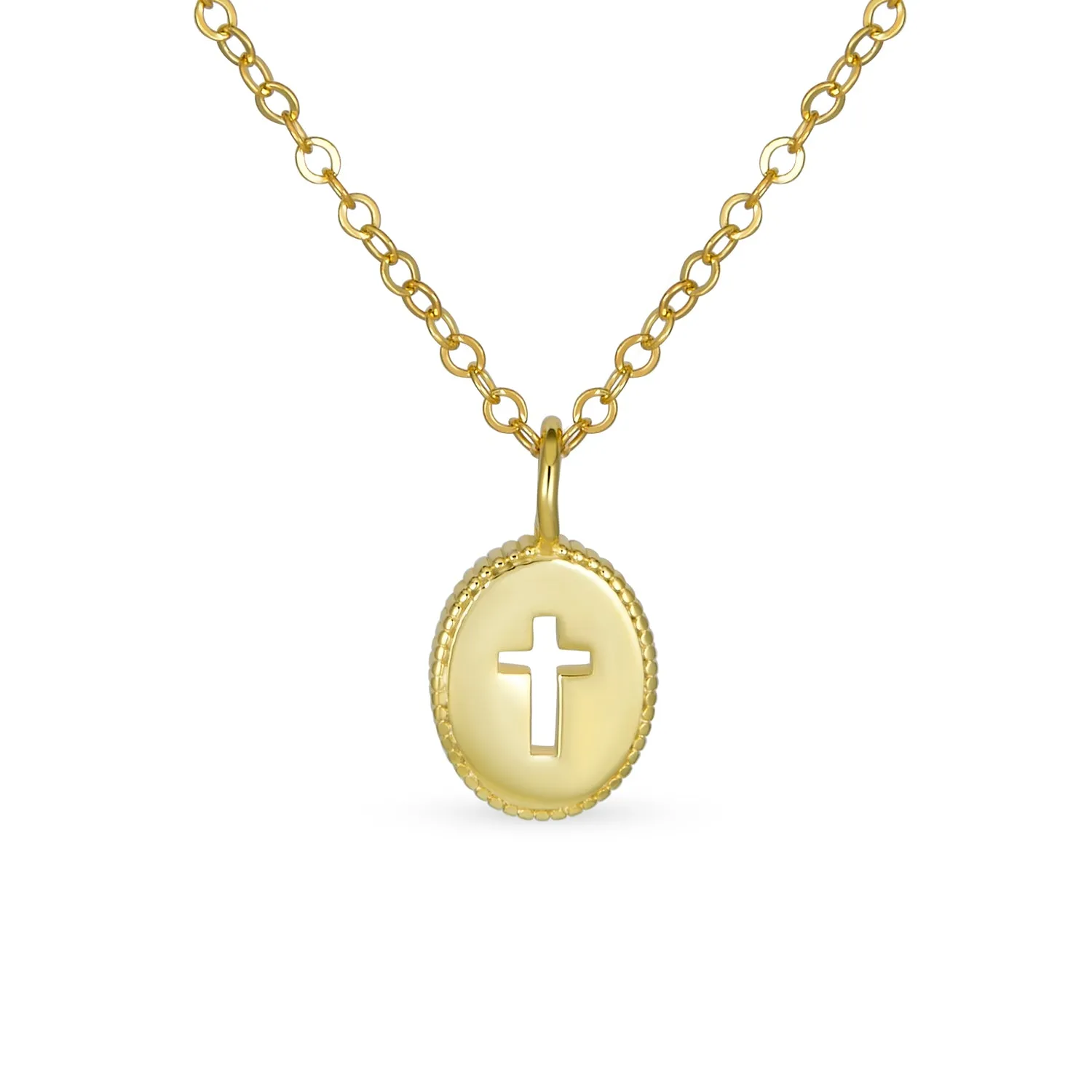 Tiny Petite Religious Cross Pendant Necklace 14K Gold Plated Silver Chain