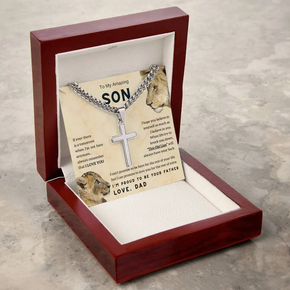 To My Son , Cross Necklace , Son Gift from Dad , Son Gift , Cuban chain, Lion Dad , Meaningful Message
