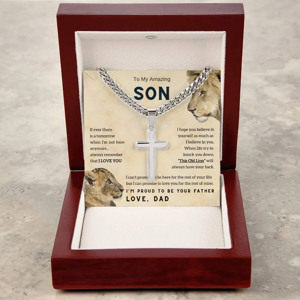 To My Son , Cross Necklace , Son Gift from Dad , Son Gift , Cuban chain, Lion Dad , Meaningful Message