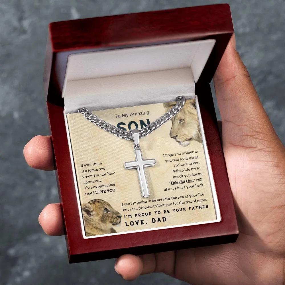 To My Son , Cross Necklace , Son Gift from Dad , Son Gift , Cuban chain, Lion Dad , Meaningful Message