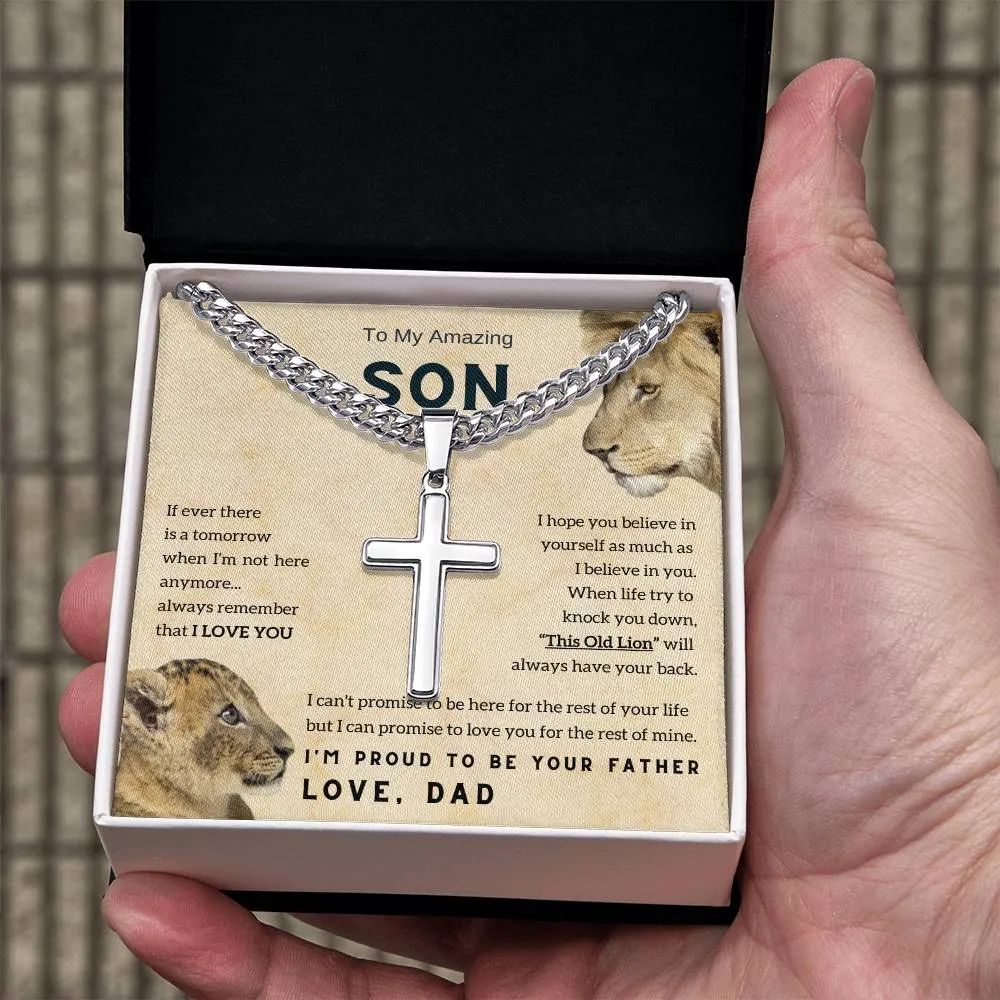 To My Son , Cross Necklace , Son Gift from Dad , Son Gift , Cuban chain, Lion Dad , Meaningful Message