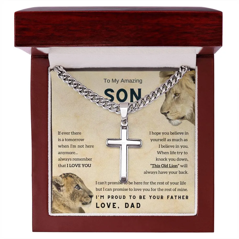 To My Son , Cross Necklace , Son Gift from Dad , Son Gift , Cuban chain, Lion Dad , Meaningful Message