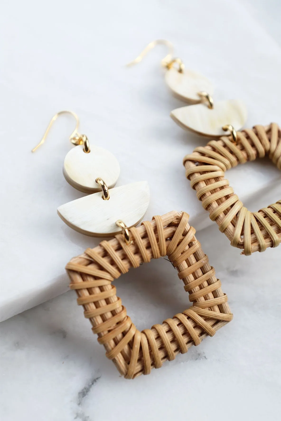 Tu 16K Gold-Plated Brass Buffalo Horn & Rattan/Wicker Square Geo Statement Earrings