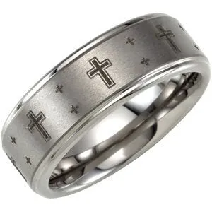 Tungsten 8.3 mm Black Laser Cross Ridged Ring Size 9