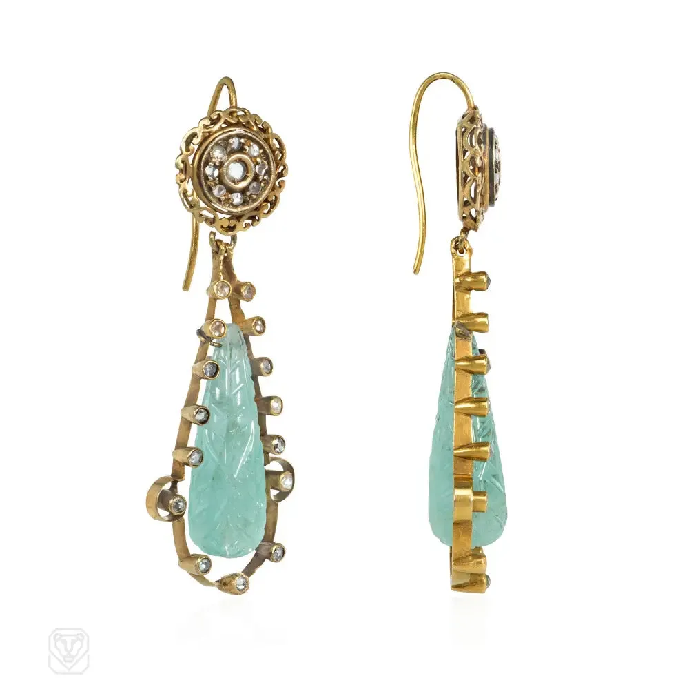 Victorian aquamarine and diamond pendant earrings