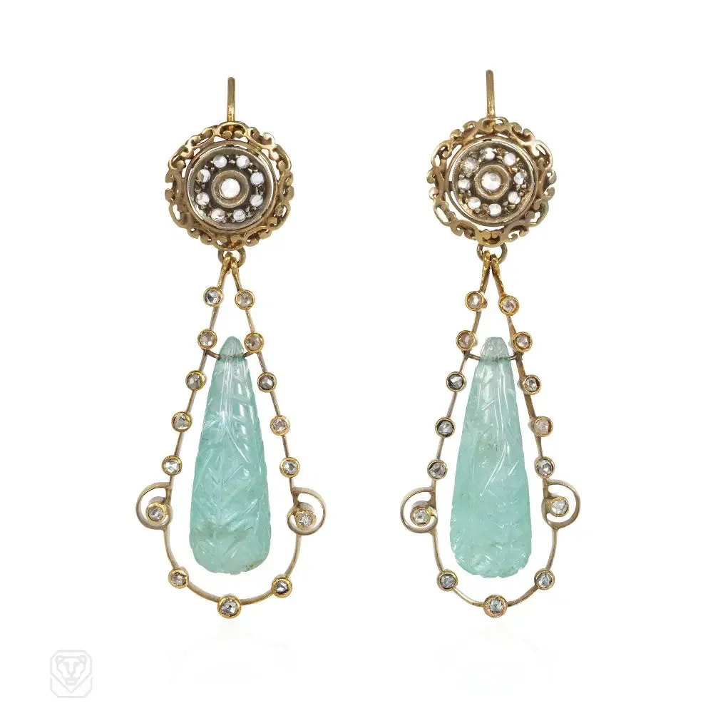 Victorian aquamarine and diamond pendant earrings