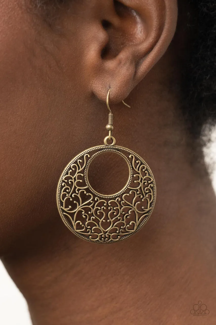 Vineyard Romance - Brass - Filigree Heart Hoop Paparazzi Fishhook Earrings