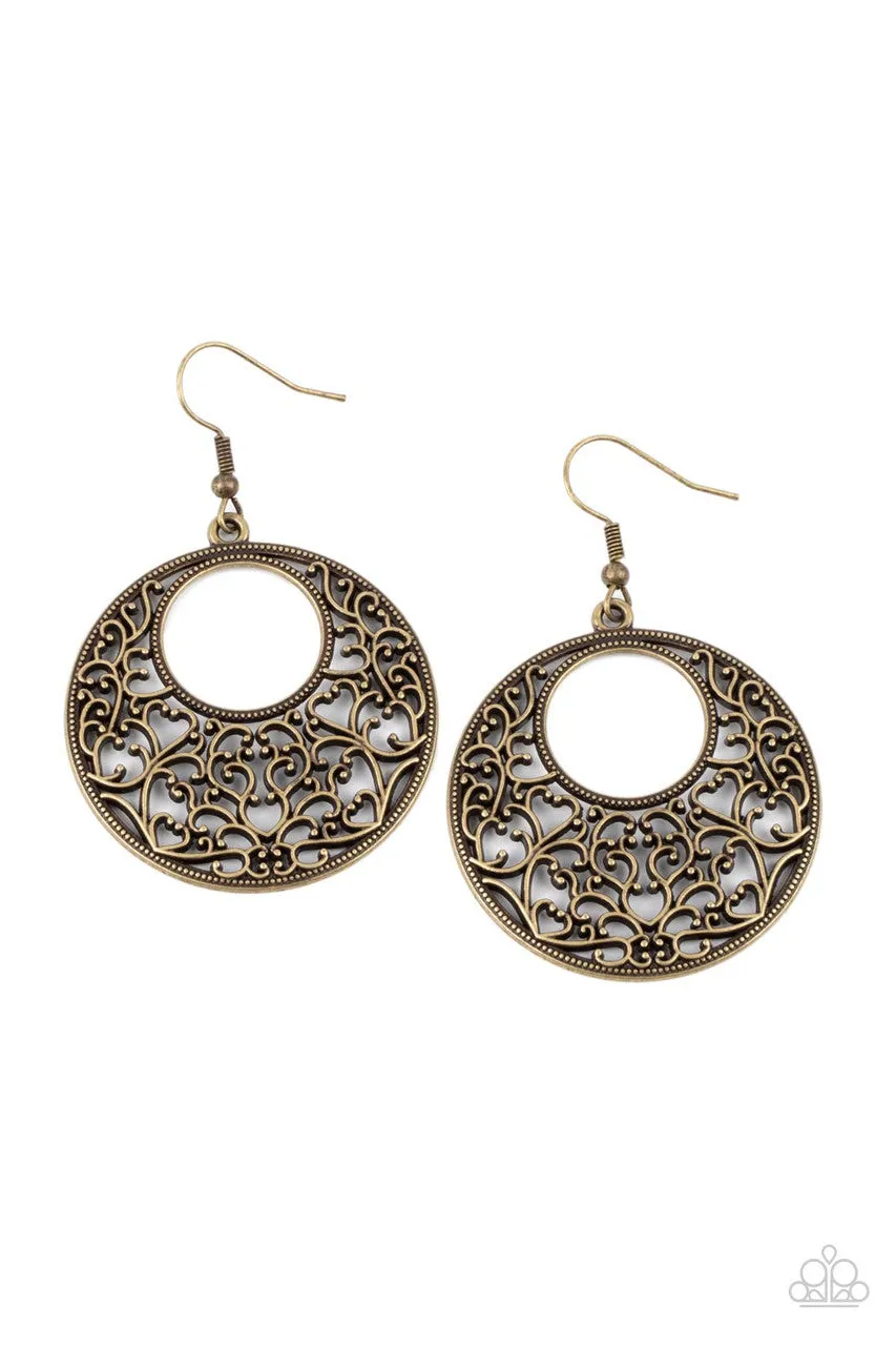 Vineyard Romance - Brass - Filigree Heart Hoop Paparazzi Fishhook Earrings