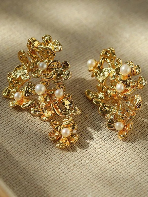 Vintage Asymmetry Flower Pearl Earrings