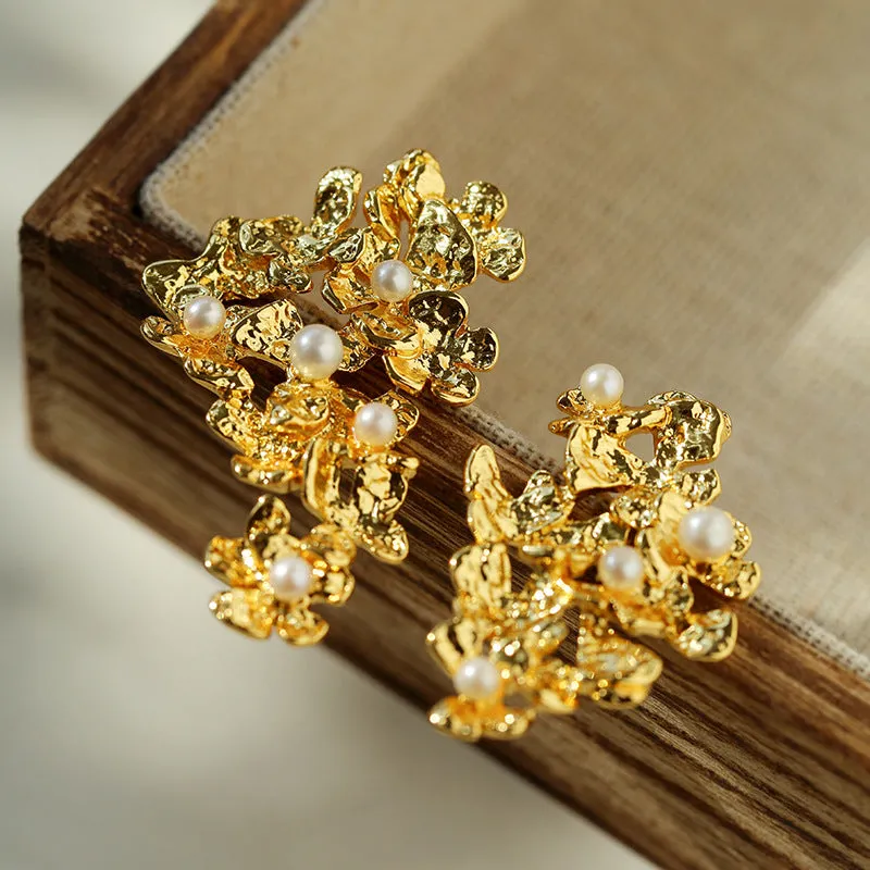 Vintage Asymmetry Flower Pearl Earrings