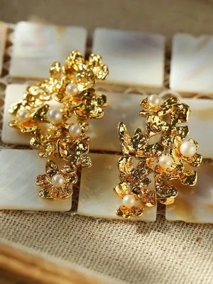 Vintage Asymmetry Flower Pearl Earrings
