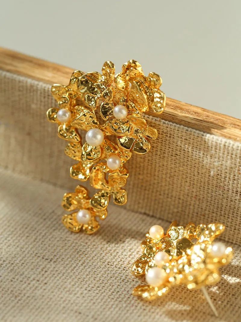Vintage Asymmetry Flower Pearl Earrings