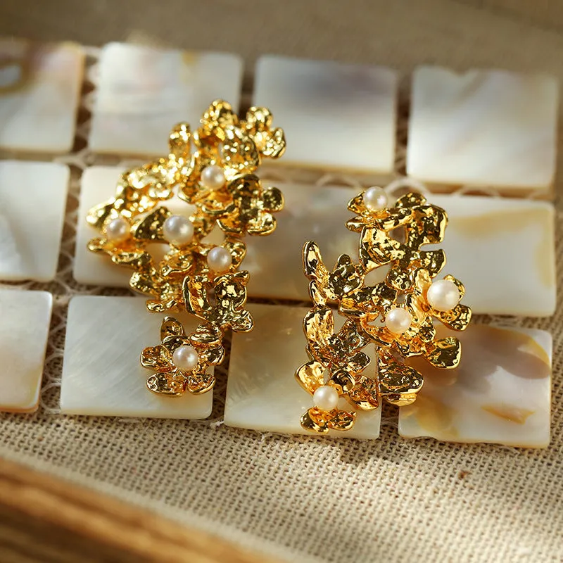 Vintage Asymmetry Flower Pearl Earrings