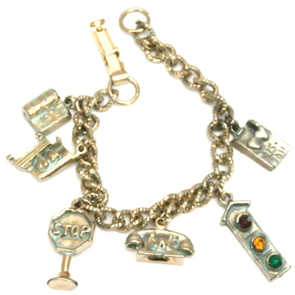 Vintage Charm Bracelet 1950s Stop Light Phone Hearts