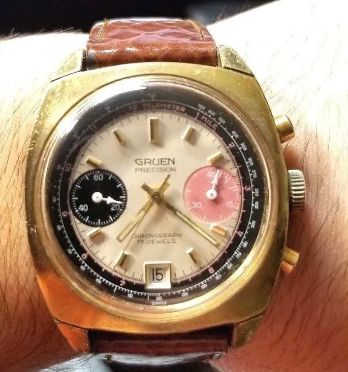 Vintage GRUEN Valjoux 7734 Gold Plate Chronograph Watch Raspberry Panda Dial