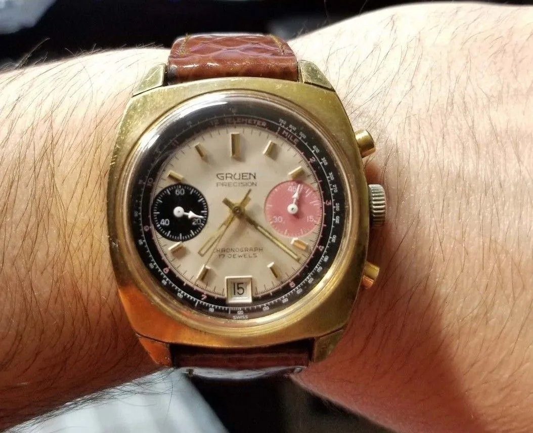 Vintage GRUEN Valjoux 7734 Gold Plate Chronograph Watch Raspberry Panda Dial