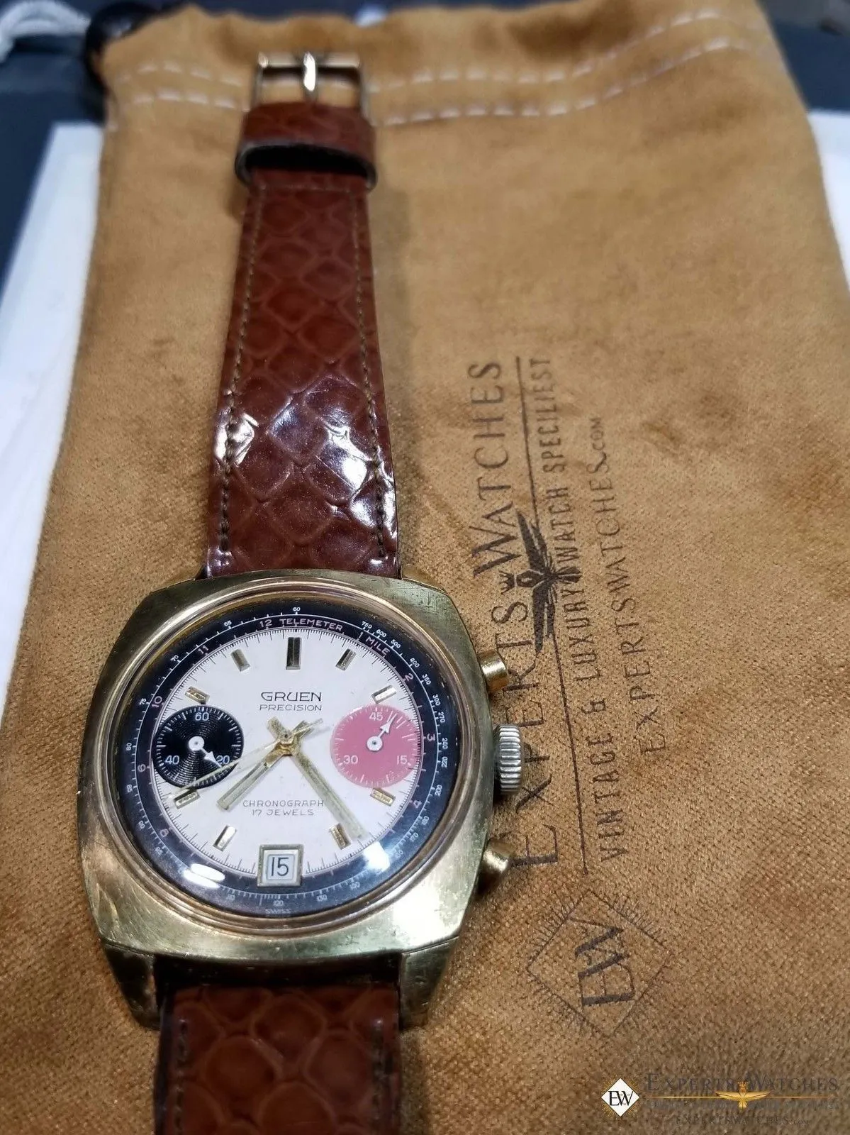 Vintage GRUEN Valjoux 7734 Gold Plate Chronograph Watch Raspberry Panda Dial