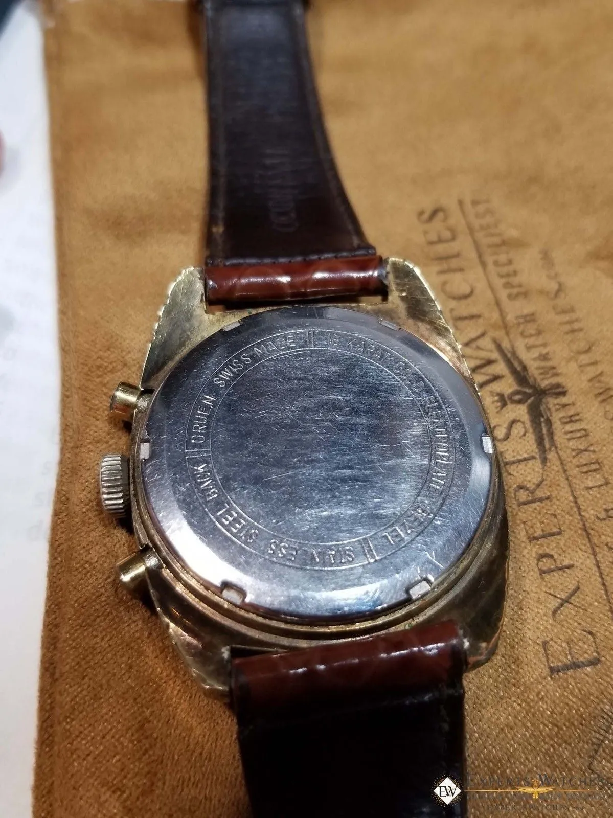 Vintage GRUEN Valjoux 7734 Gold Plate Chronograph Watch Raspberry Panda Dial
