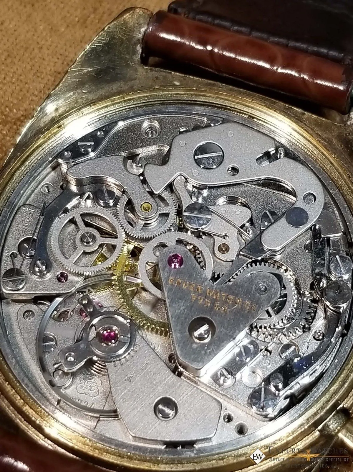 Vintage GRUEN Valjoux 7734 Gold Plate Chronograph Watch Raspberry Panda Dial