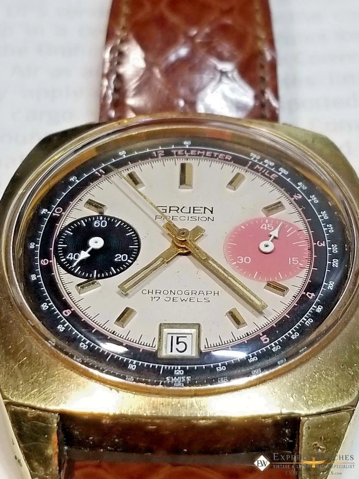 Vintage GRUEN Valjoux 7734 Gold Plate Chronograph Watch Raspberry Panda Dial