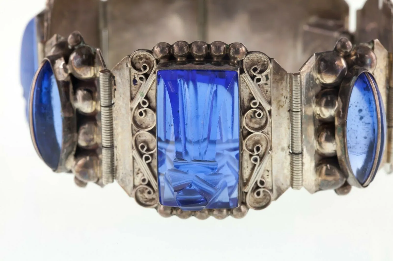 Vintage Mexico Icuala Sterling Silver Blue Glass Aztec Warrior Bracelet 7.50"