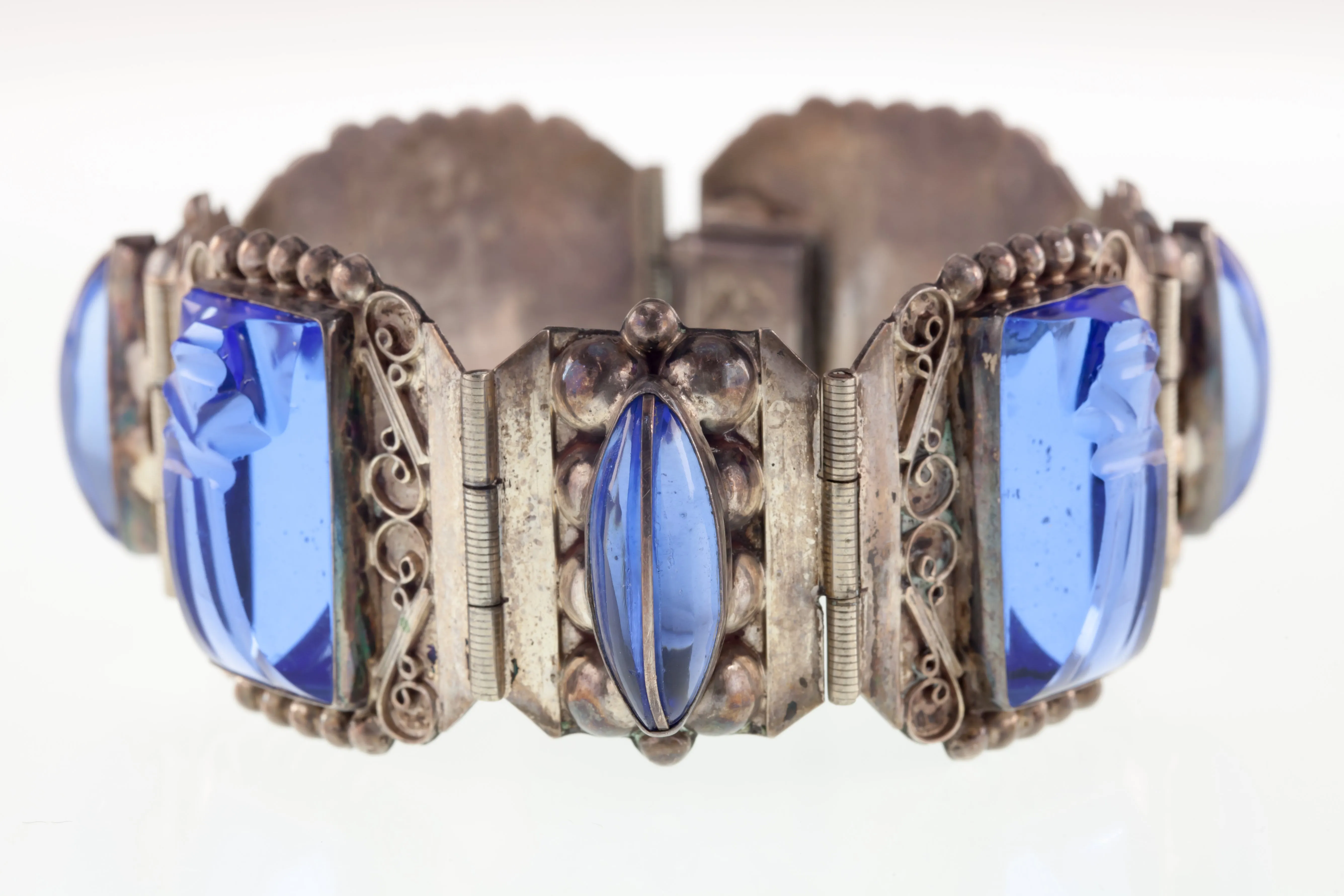 Vintage Mexico Icuala Sterling Silver Blue Glass Aztec Warrior Bracelet 7.50"