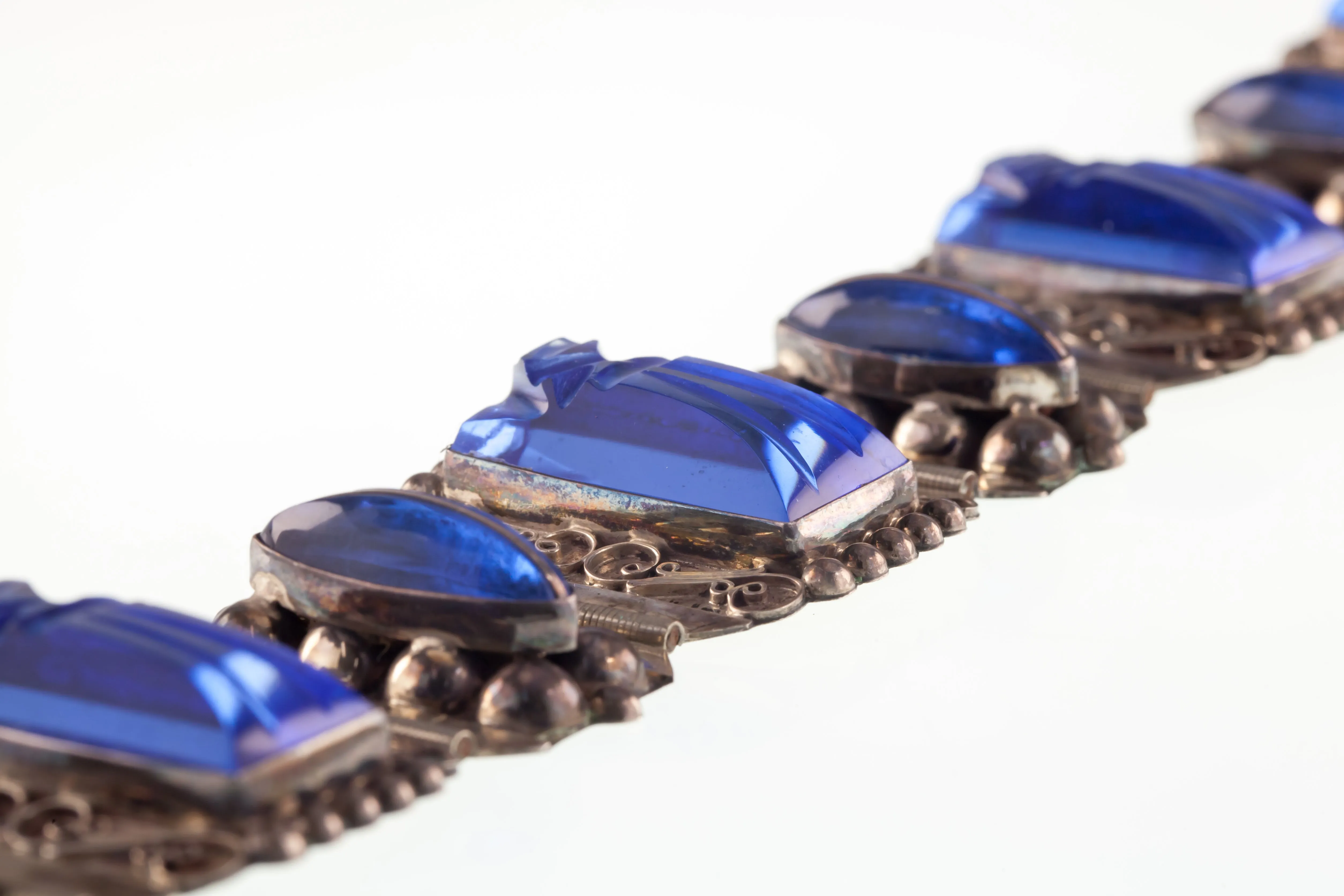 Vintage Mexico Icuala Sterling Silver Blue Glass Aztec Warrior Bracelet 7.50"