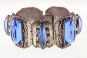Vintage Mexico Icuala Sterling Silver Blue Glass Aztec Warrior Bracelet 7.50"