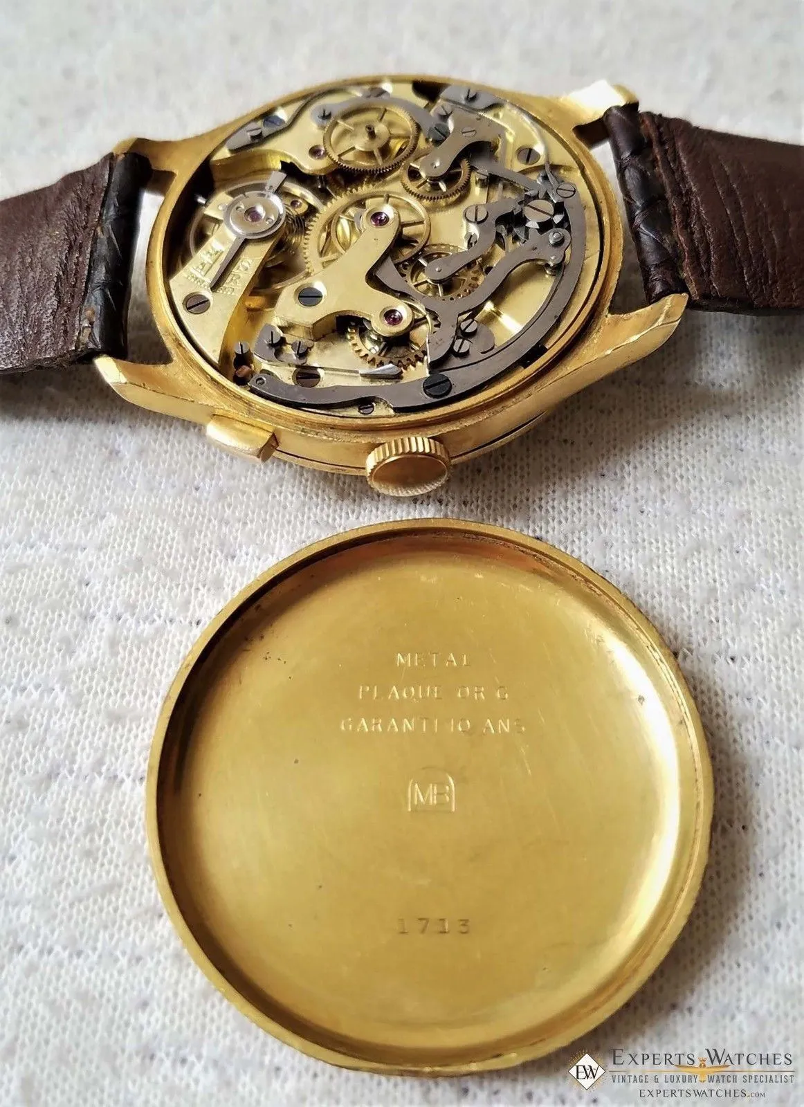 Vintage Monopusher Hahn Column Wheel Chronograph Gold Plated  Watch 38mm Leather