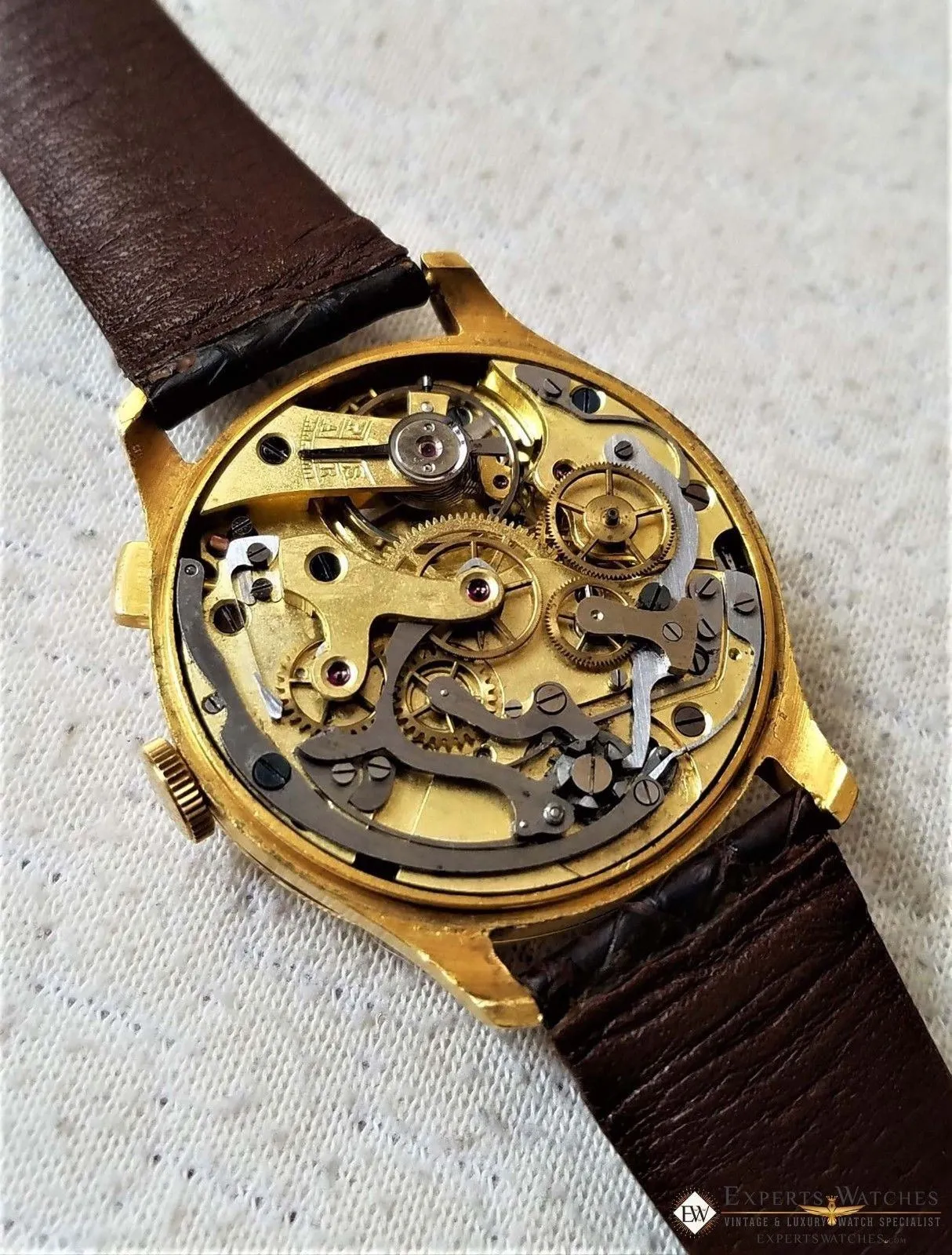 Vintage Monopusher Hahn Column Wheel Chronograph Gold Plated  Watch 38mm Leather