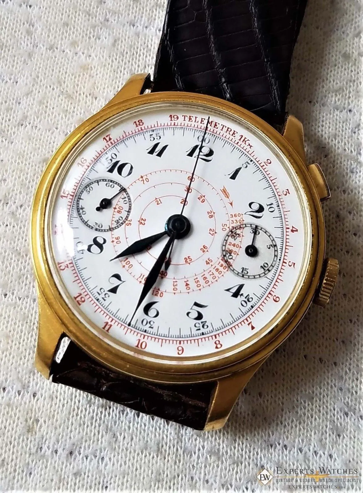 Vintage Monopusher Hahn Column Wheel Chronograph Gold Plated  Watch 38mm Leather