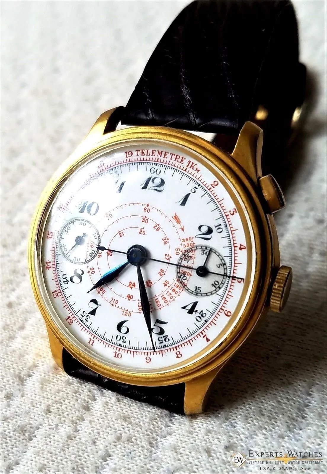 Vintage Monopusher Hahn Column Wheel Chronograph Gold Plated  Watch 38mm Leather