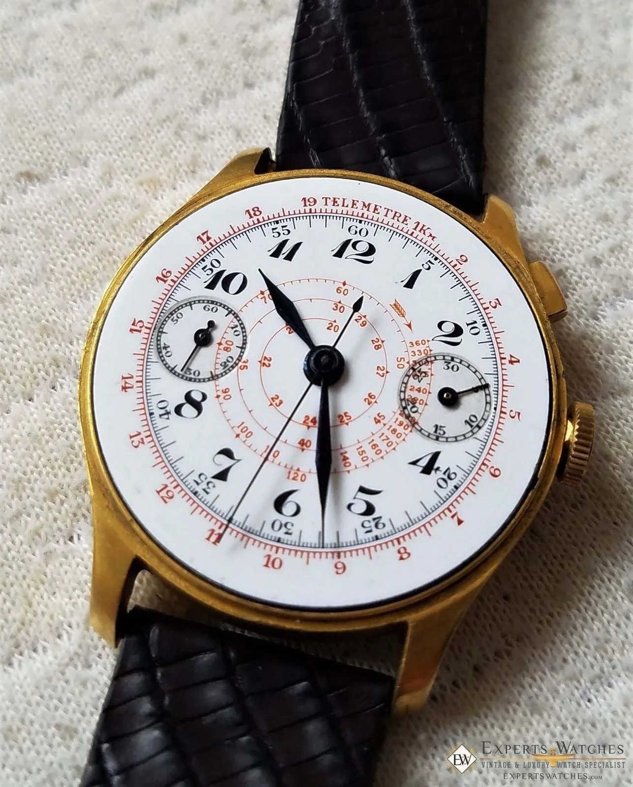 Vintage Monopusher Hahn Column Wheel Chronograph Gold Plated  Watch 38mm Leather
