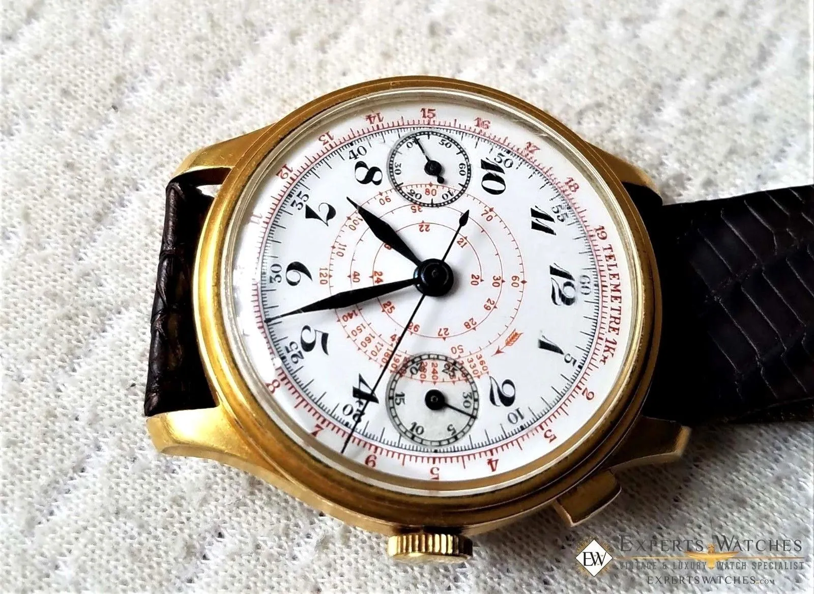 Vintage Monopusher Hahn Column Wheel Chronograph Gold Plated  Watch 38mm Leather