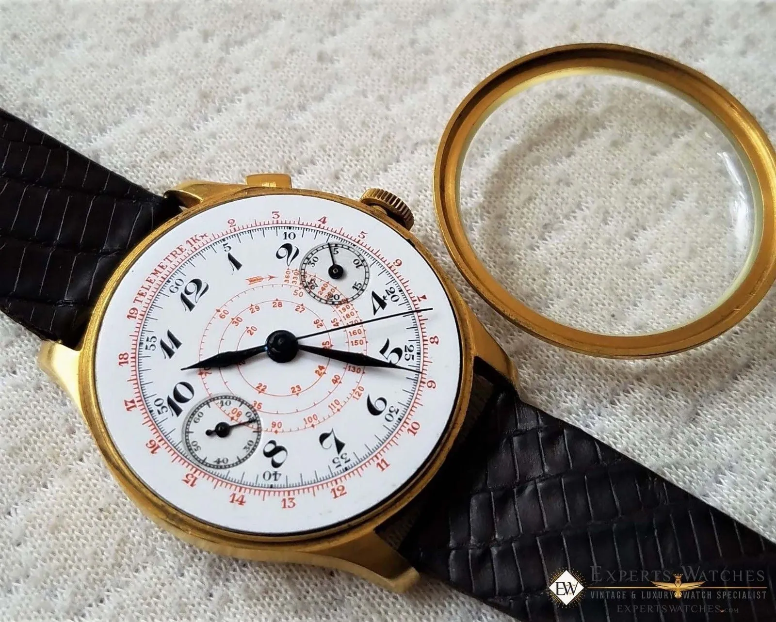 Vintage Monopusher Hahn Column Wheel Chronograph Gold Plated  Watch 38mm Leather