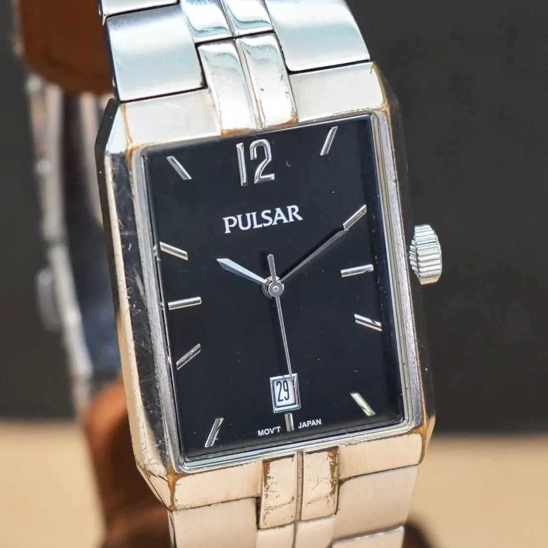 Vintage PULSAR Quartz Watch VX32 Date Indicator Tank Case & Original S.S. Bracelet