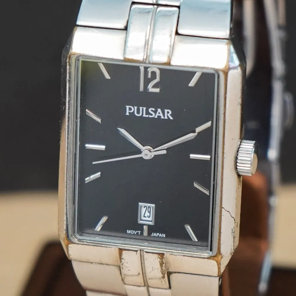 Vintage PULSAR Quartz Watch VX32 Date Indicator Tank Case & Original S.S. Bracelet