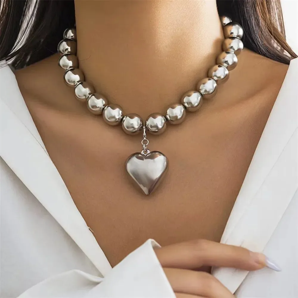 Vintage Silver-plate Geometric Exaggerated Artificial Pearl Chain Necklace For Women Female Fashion Boho Y2K Girl Jewelry Gift