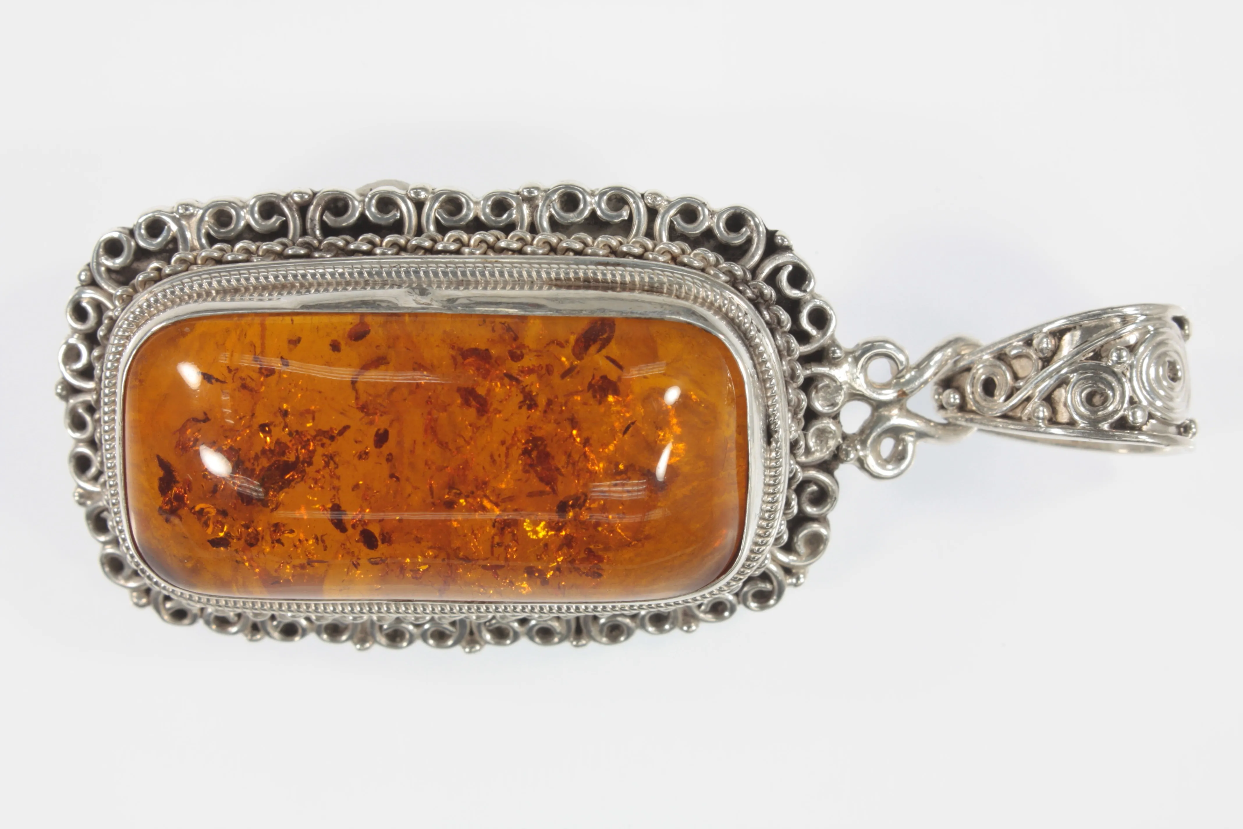 Vintage Sterling Silver Filigree Amber Pendant 22.3g