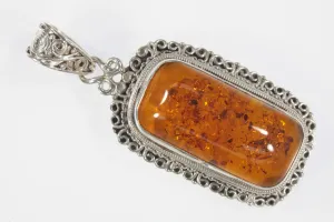 Vintage Sterling Silver Filigree Amber Pendant 22.3g