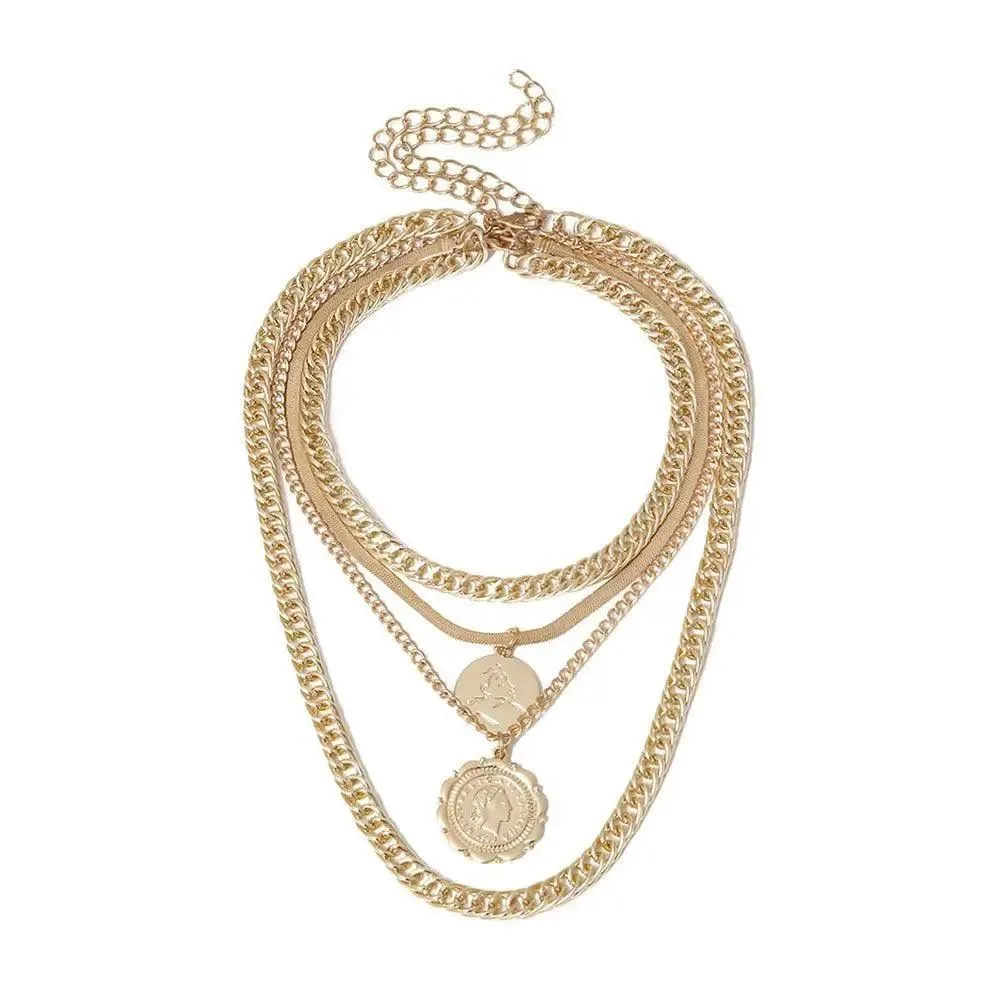 Vintage Style Multilayers Human Head Coin Pendant Necklaces For Women And Girls -Thick Chain Necklace Jewelry
