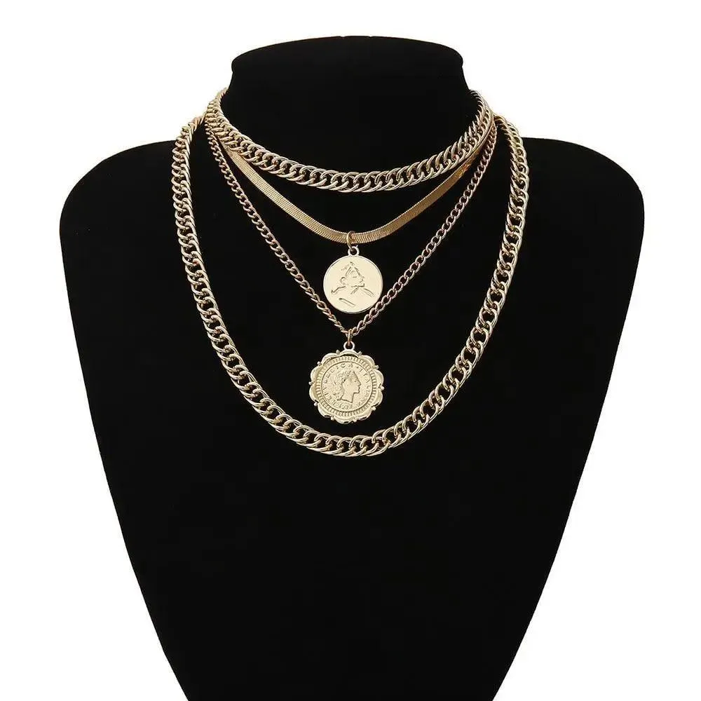 Vintage Style Multilayers Human Head Coin Pendant Necklaces For Women And Girls -Thick Chain Necklace Jewelry