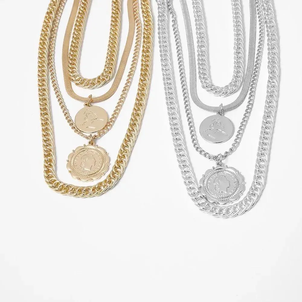 Vintage Style Multilayers Human Head Coin Pendant Necklaces For Women And Girls -Thick Chain Necklace Jewelry